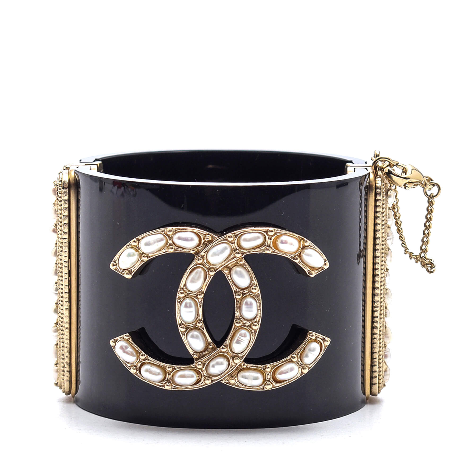 Chanel - Black Cc Logo And White Pearl Cuff Bracelet